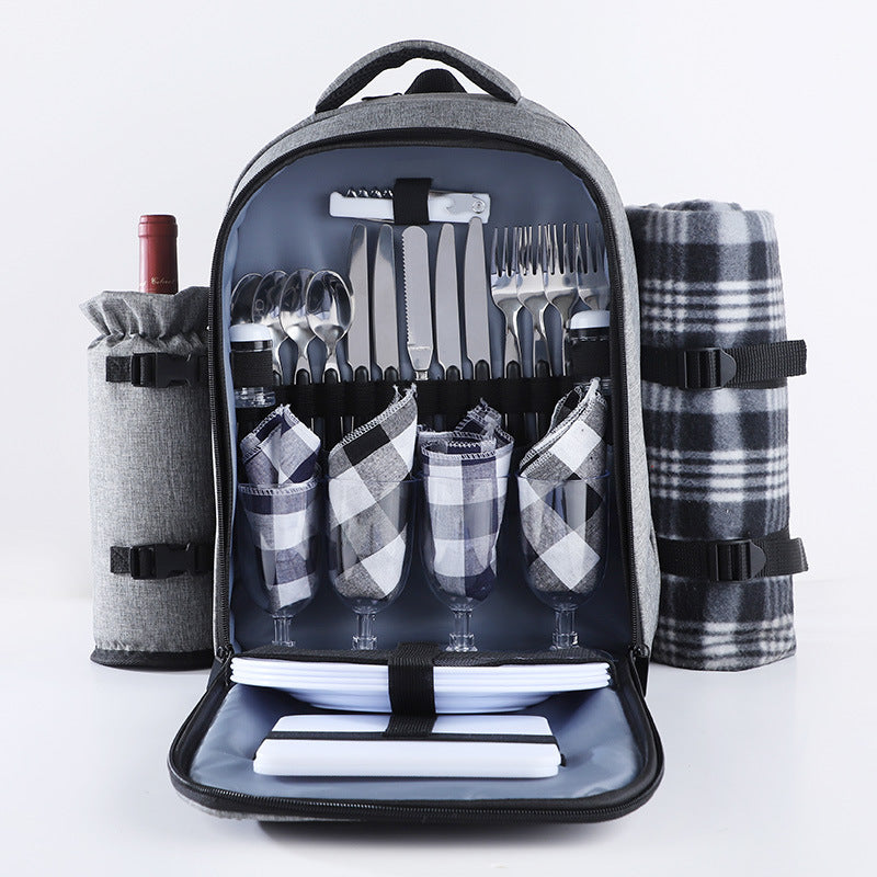 4 Person Picnic Backpack Set with Fleece Picnic Blanket, Bottle Holder, Waterproof Pouch, and Dinnerware for Picnic and Camping Enthusiast, Gift Idea